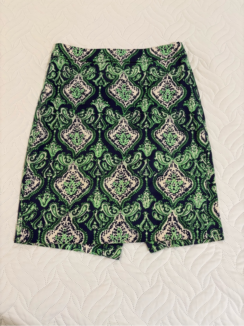 J. Crew Green and Navy Patterned Pencil Skirt